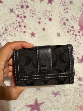 Coach Black Signature Canvas Compact Trifold Wallet